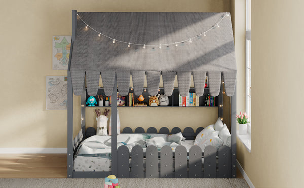 English Elm {slats Are Not Included} Twin Montessori House Floor Bed Kids Tent Lights Shelves Pinewood Frame Gray N708P407963E