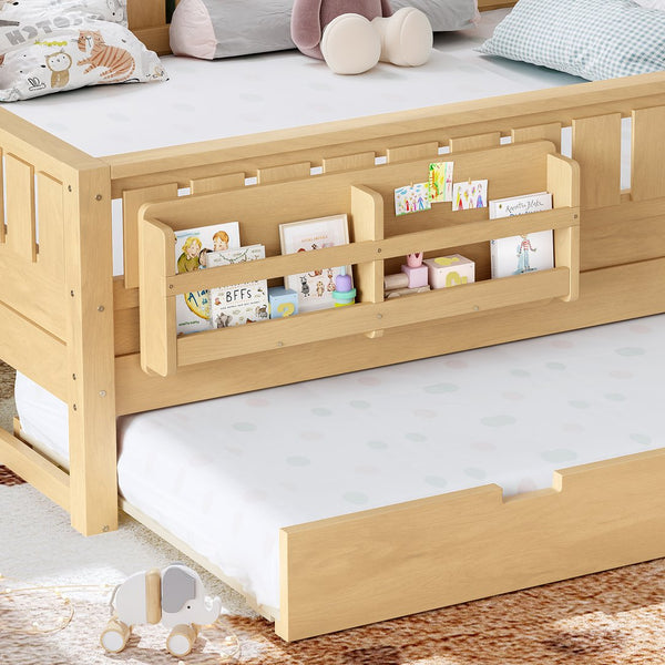 English Elm Queen Bunk Bed with Trundle Solid Pine Kids Car Themed Frame Built-in Bookshelf Light Natural W1580S00563