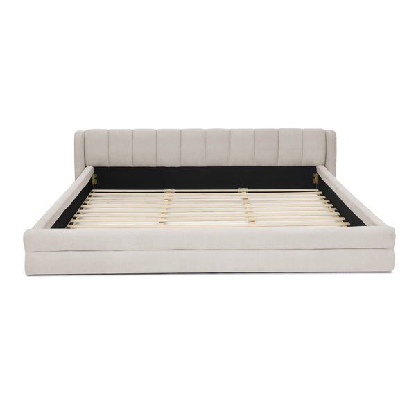 English Elm King Platform Bed Full Chenille Upholstery Low Profile Frame for Modern Bedroom Beige W487S00433