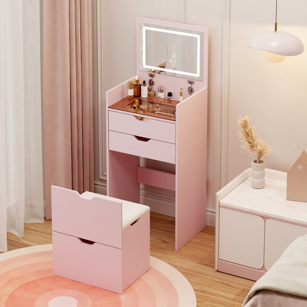 English Elm Dressing Table Set with Led Lit Flip Mirror Hidden Stool and Dual Drawers for Small Spaces W5252P447390