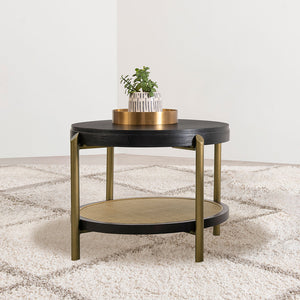 English Elm Benson Round Black End Table with Woven Rattan Shelf, Rubberwood & White Ash Veneer Accent, Sturdy Stylish 26" Surface B062P374115