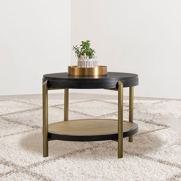English Elm Benson Round Black End Table with Woven Rattan Shelf, Rubberwood & White Ash Veneer Accent, Sturdy Stylish 26" Surface B062P374115