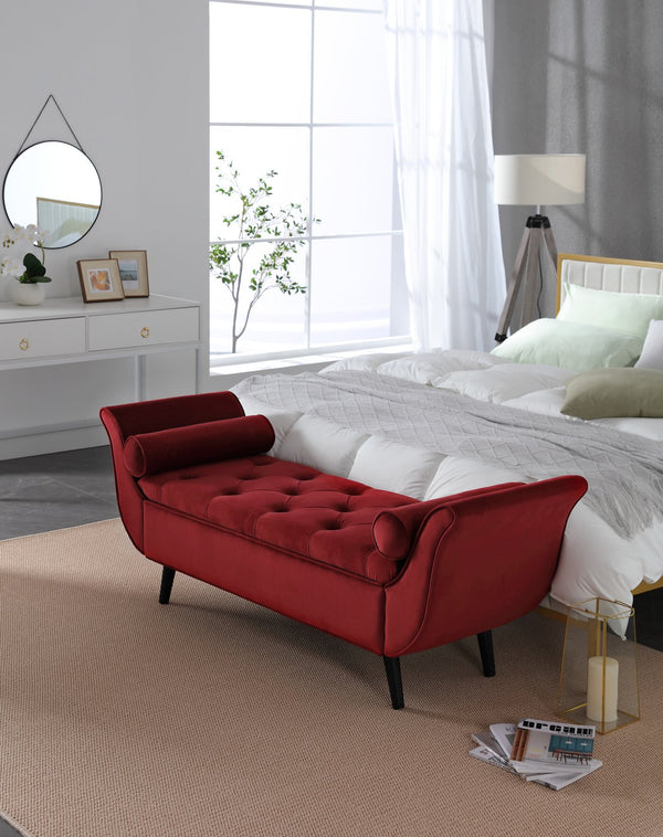 English Elm Vintage Button Tufted Velvet Storage Bench Mid Century Seat for Bedroom Entryway Red W2795P428651
