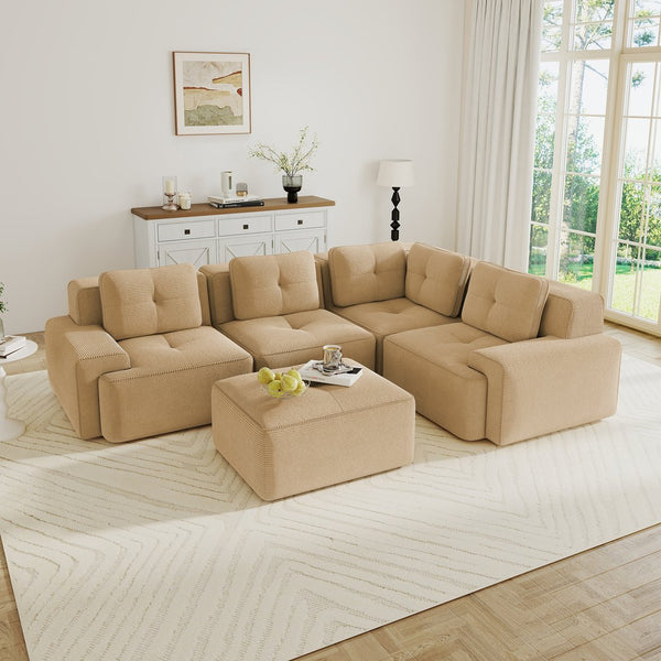English Elm Modern Corduroy Sectional Sofa Deep Seat V Shape Tufted Couch with Movable Ottoman Camel W714S01588
