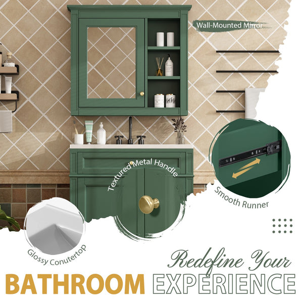 English Elm 30'' Bathroom Vanity Set With Mirror, Modern Freestanding Cabinet, Ceramic Sink & Ample Storage Space SW000127AAF-1