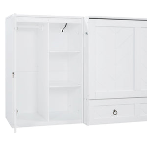 English Elm Queen Murphy Bed with Wardrobe Cabinets Built-in Usb Charging and Concealed Drawers White LP000590AAK