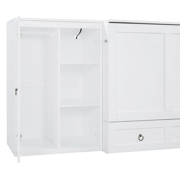 English Elm Queen Murphy Bed with Wardrobe Cabinets Built-in Usb Charging and Concealed Drawers White LP000590AAK