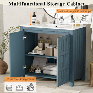 English Elm 36" Bathroom Vanity Organizer with Ceramic Sink, Solid Wood Distressed Finish, Hand-Painted Charm and Ample Storage Retro Blue N729P255666C