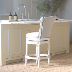 English Elm 26in. Wood High-back Swivel Barstool Farmhouse Style Nailhead Upholstered Kitchen Seat White B2751P436430