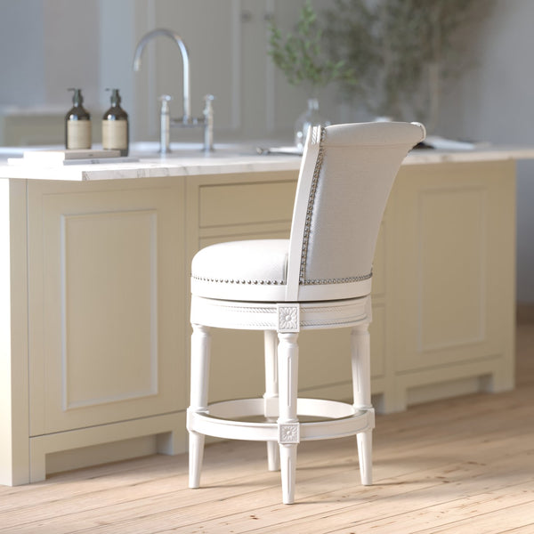English Elm 26in. Wood High-back Swivel Barstool Farmhouse Style Nailhead Upholstered Kitchen Seat White B2751P436430