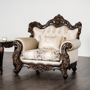 English Elm Traditional Carved Tufted Accent Chair with Rolled Arms, Nailhead Trim and Elegant Upholstery Beige,Cherry 52 L x 43 W x 27 H B2741P380807
