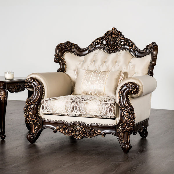 English Elm Traditional Carved Tufted Accent Chair with Rolled Arms, Nailhead Trim and Elegant Upholstery Beige,Cherry 52 L x 43 W x 27 H B2741P380807