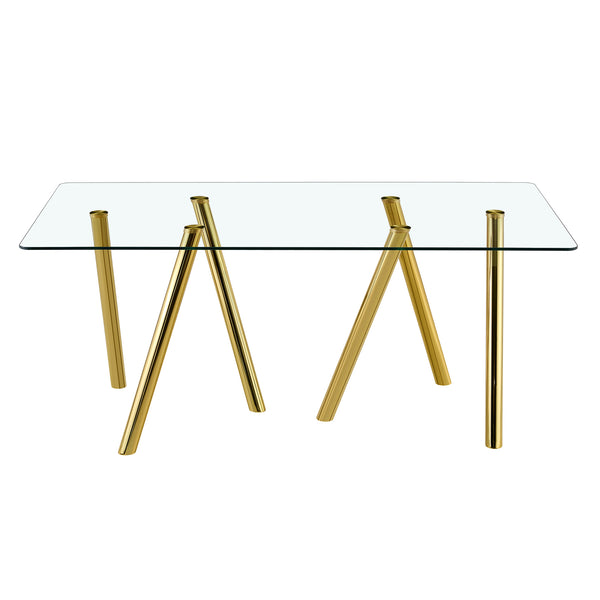 English Elm Tempered Glass Rectangular Dining Set Seats Six with Gold Metal Legs White Pu Chairs W3875S00054