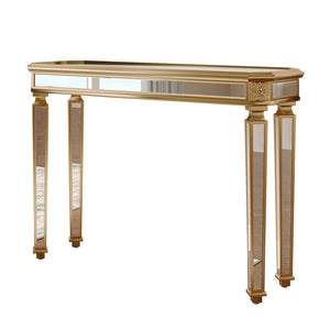 English Elm Mirror Console Table Gold Carved Frame Entryway Accent with Reflective Mirrored Panels W1445P407834
