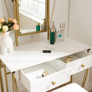 English Elm Vanity Table Set with Mirror Stool White Vintage Bedroom Dressing Storage Desk D66592206
