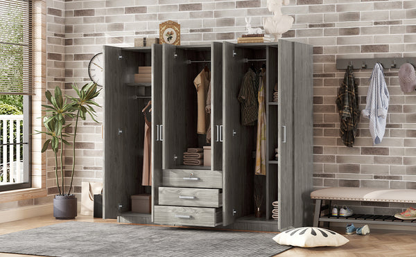 English Elm 6-doors Mdf Wardrobe with Large Drawers Streamlined Bedroom Storage Modern Design Gray N820000010E