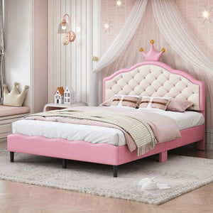 English Elm Full Full Size Lovely Crown Fantasy PU Leather Princess Bed with Tufted Headboard, Pink Cream, Sturdy Frame N733P198762H