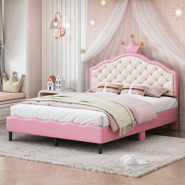 English Elm Full Full Size Lovely Crown Fantasy PU Leather Princess Bed with Tufted Headboard, Pink Cream, Sturdy Frame N733P198762H