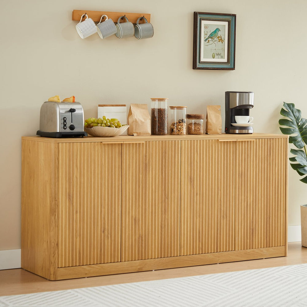 English Elm 59-inch Wavy Curved Sideboard with Four Doors Wood Grain Finish for Living or Dining Room Natural W1162P339086