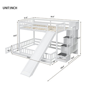 English Elm Twin Over Full Bunk Bed With Slide & Storage Staircase - Stylish Pine Bed With Safety Guardrails, White W504S00185-GIGA