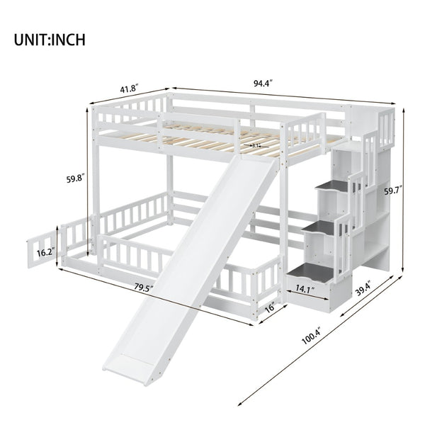 English Elm Twin Over Full Bunk Bed With Slide & Storage Staircase - Stylish Pine Bed With Safety Guardrails, White W504S00185-GIGA