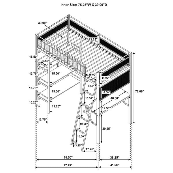 English Elm Metal Full Over Twin Bunk Bed with Integrated Desk Powder Coated Steel Frame Matte White B016P464478