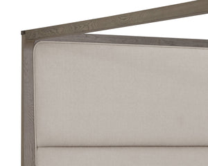 Sunpan Danette Canopy Bed - Minimalist Solid Oak Frame with Warm Brass Accents & Luxe Zenith Taupe Upholstery