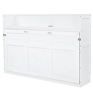 English Elm Twin XL Murphy Bed with Desk, LED Lighting and USB Charging Station — Space-Saving Solid Pine Design White N7090005001W