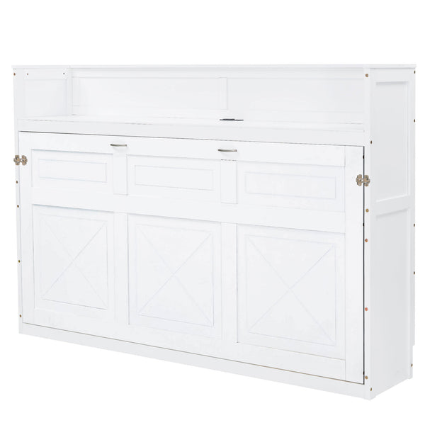 English Elm Twin XL Murphy Bed with Desk, LED Lighting and USB Charging Station — Space-Saving Solid Pine Design White N7090005001W