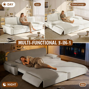 English Elm 94.5" King Convertible Sleeper Sofa Corduroy Upholstered Chaise Lounge Guest Room Bed White W1885S00403