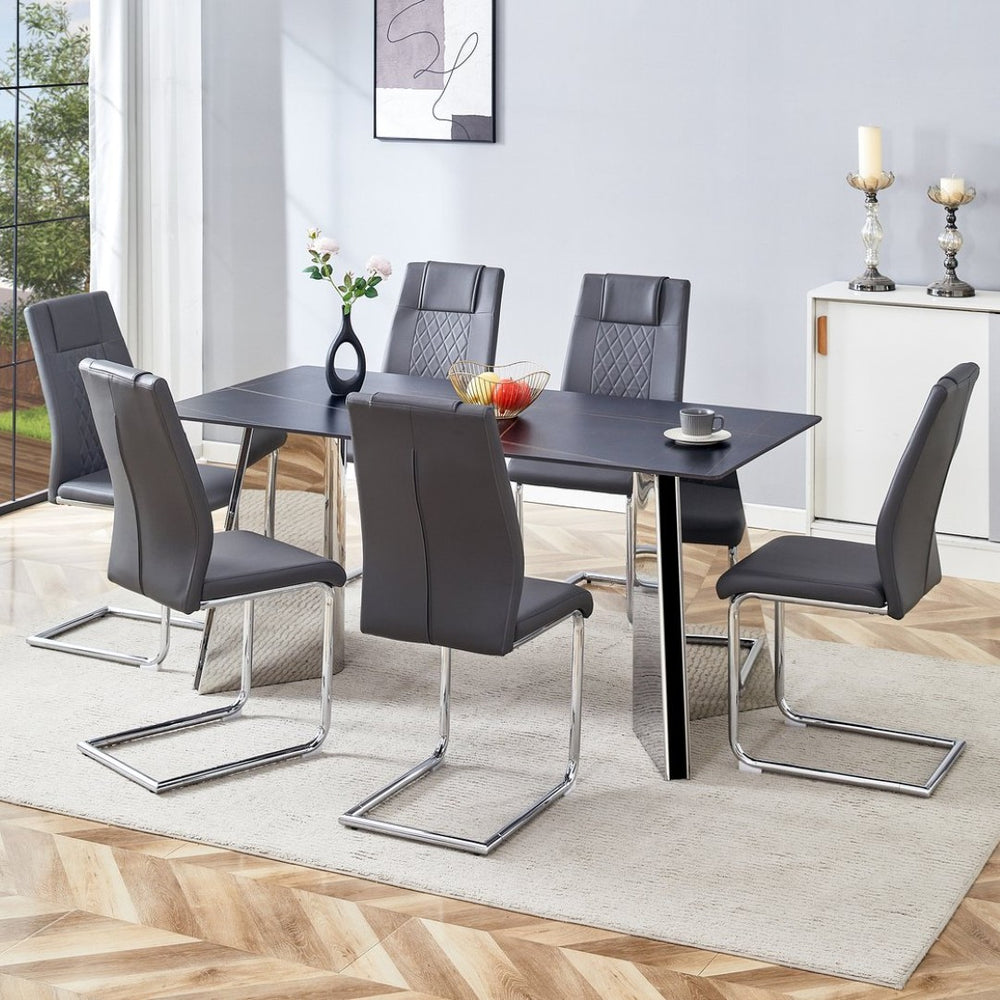 English Elm Table Set With Black Marble-Patterned Top & 6 Dark Gray Pu Chairs - Modern Dining Elegance & Comfort W1151S01962-GIGA