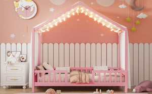 English Elm Montessori House Bed Frame Twin with Canopy & Full Guardrails, Cozy Kids Platform Bed for Toddlers Pink 81.5 L x 16 W x 6.6 H N733P356043H