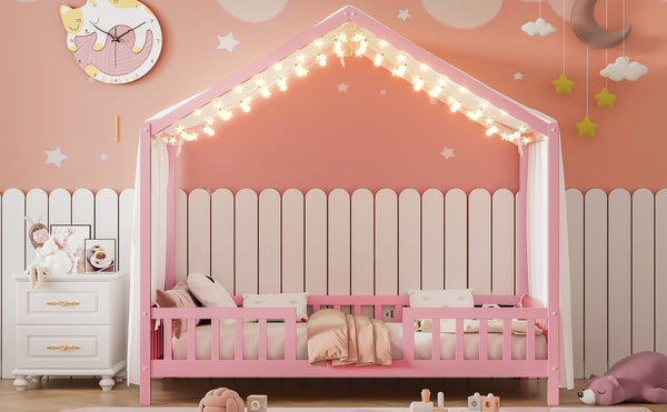 English Elm Montessori House Bed Frame Twin with Canopy & Full Guardrails, Cozy Kids Platform Bed for Toddlers Pink 81.5 L x 16 W x 6.6 H N733P356043H