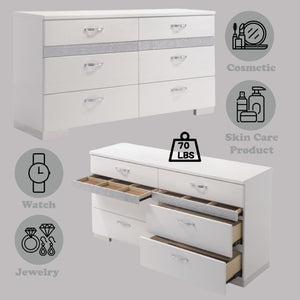 English Elm Naima Glam Six-Drawer Dresser with Felt-Lined Jewelry Organizer, Smooth Glides & Sparkle Accents White 66 L x 20 W x 37 H B2726P261856