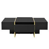 English Elm 47.2'' X 31.4''Minimalist High Gloss Coffee Table With 2 Drawers, Multi-Storage Rectangle Sofa Table With Golden Wood Grain Legs, Modern Center Table For Living Room, Black