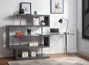 English Elm Buck Modern Buck Glass Writing Desk with Chrome High-Gloss Frame, 360° Swivel, Shelves & Wheels Gray 51 L x 28 W x 4.5 H B2726S00027