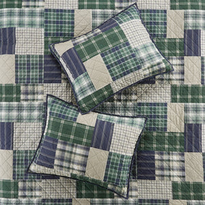 English Elm 3 Piece Timber Reversible Quilt Set King/Cal King - Rustic Green Navy Patchwork, Windowpane Reverse, Cotton-Rich Comfort B03597592