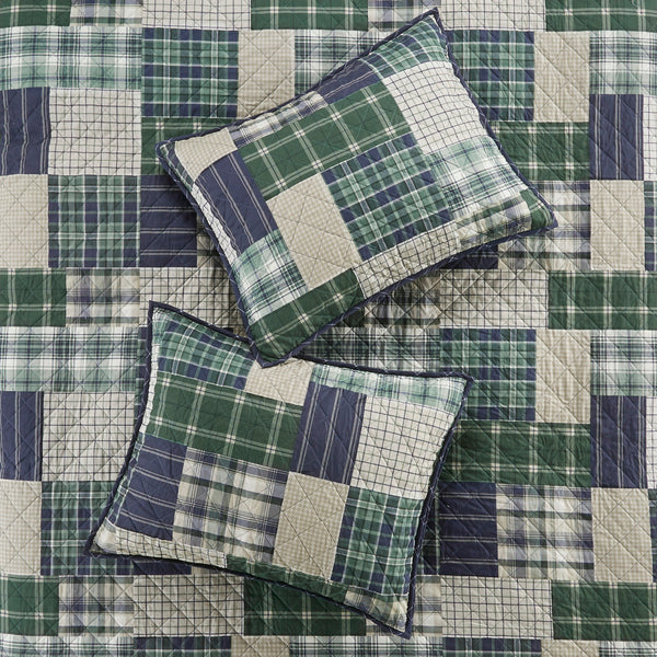 English Elm 3 Piece Timber Reversible Quilt Set King/Cal King - Rustic Green Navy Patchwork, Windowpane Reverse, Cotton-Rich Comfort B03597592