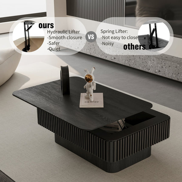 English Elm 38.6'' Fluted Lift-top Coffee Table with Hidden Storage Adjustable Modern Matte Surface Black W1435P293220