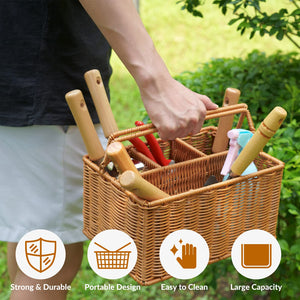 English Elm Gardening 8 Piece Tool Set with Wicker Basket Stainless Steel and Wooden Handles W2181P193843