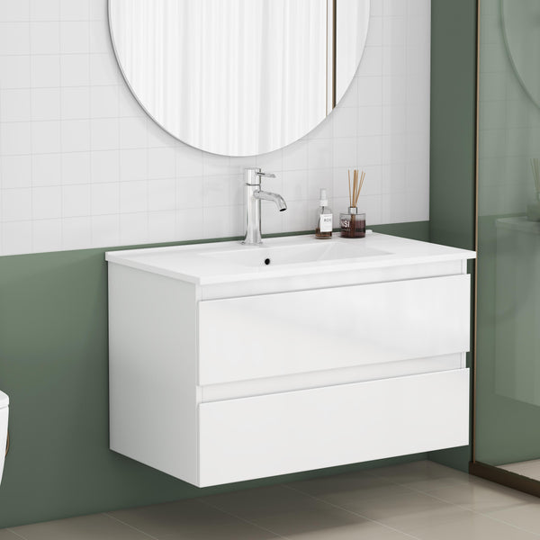 English Elm 31.5-inch Modern Bathroom Vanity with Integrated Ceramic Basin, Soft-Close Drawers, Black Accents Glossy White 35.04 L x 21.06 W x 6.89 H W3151S00064