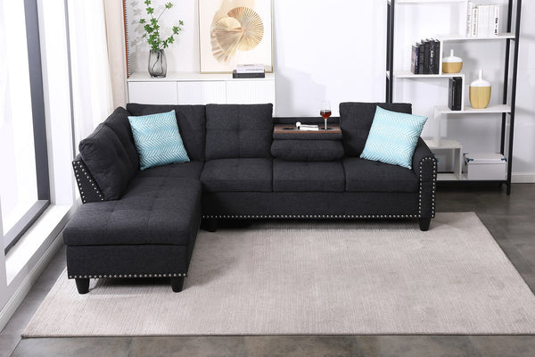 English Elm Black Faux Leather L Shaped Sectional with Cup Holders Nailhead Trim Storage Charcoal Grey B2730S00029