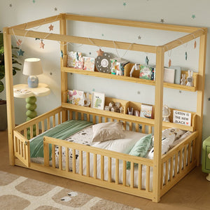 English Elm Twin House Floor Bed with Door and Full-Length Guardrails, Solid Wood Double Twin Floor Bed for Kids' Playful Rooms Natural W1580P359329