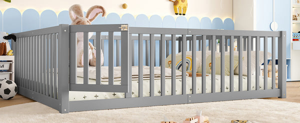 English Elm Queen Kids Floor Bed Pine Wood Frame with Safety Rails Door and Low Profile Design Gray W1580P418053