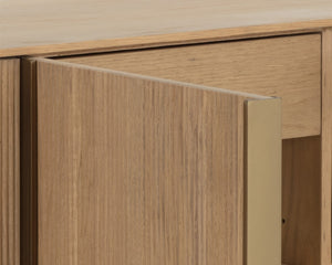 Sunpan Kalla Sideboard: Elegant Oak Design with Brushed Gold Accents, Soft Closing Doors, and Adjustable Shelves Rustic Oak