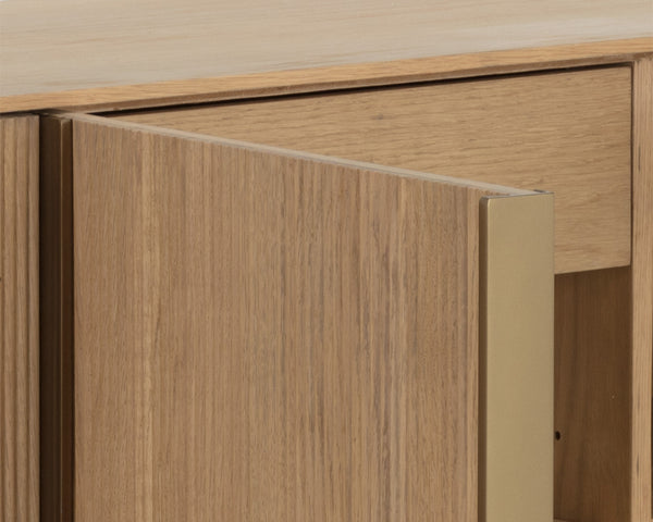 Sunpan Kalla Sideboard: Elegant Oak Design with Brushed Gold Accents, Soft Closing Doors, and Adjustable Shelves Rustic Oak