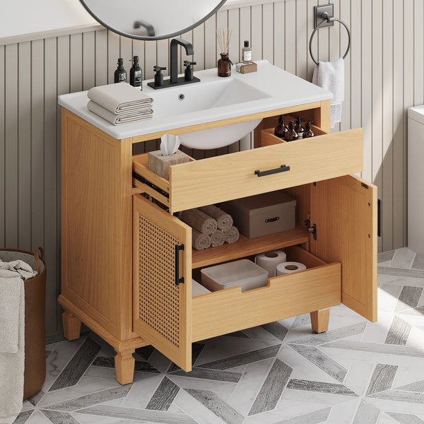 English Elm Christopher Knight Home® - 36" Rattan Bathroom Vanity with Ceramic Sink and Soft-Close Drawers, Handwoven Door Texture, Solid Wood Legs, Spacious Storage Elegance Natural N817P271077N