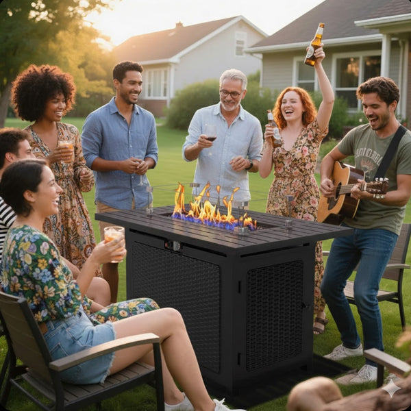 English Elm 43 Inch Faux Rattan Propane Fire Pit Table 50000 Btu with Glass Shield Lava Rock B082P454992