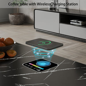 English Elm Coffee Table with Led Lighting Bluetooth Speaker Wireless Charging and Faux Marble Top Black T3773P415725