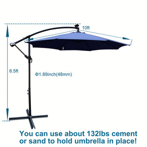 English Elm 10 ft Solar LED Patio Umbrella with 24 Lights, 8-Rib Weatherproof Polyester Canopy, Crank Lift Base Navy Blue W65690319